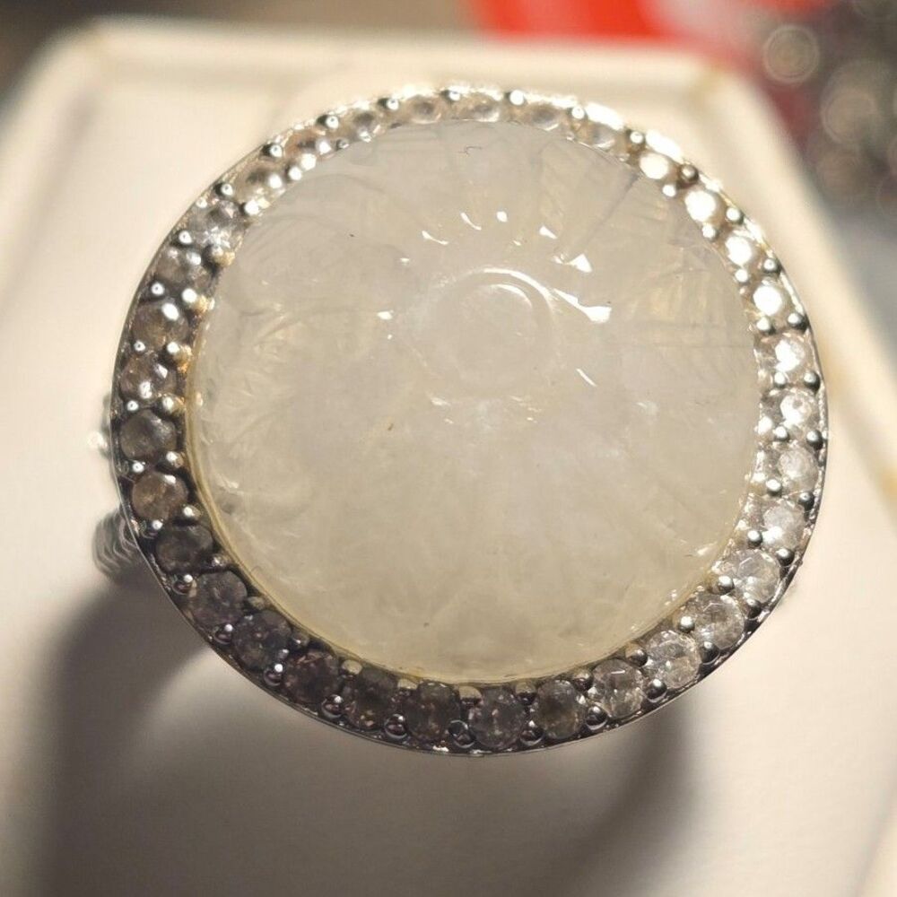 Carved Flower White Labradorite Vintage Sterling Silver Ring Sz 5